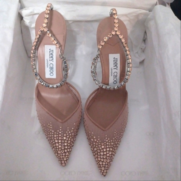 $1,495 *JIMMY CHOO* SAEDA 100 CRYSTAL EMBELLISHED HEELS Size 37 7B Ballet Pink - Picture 2 of 15